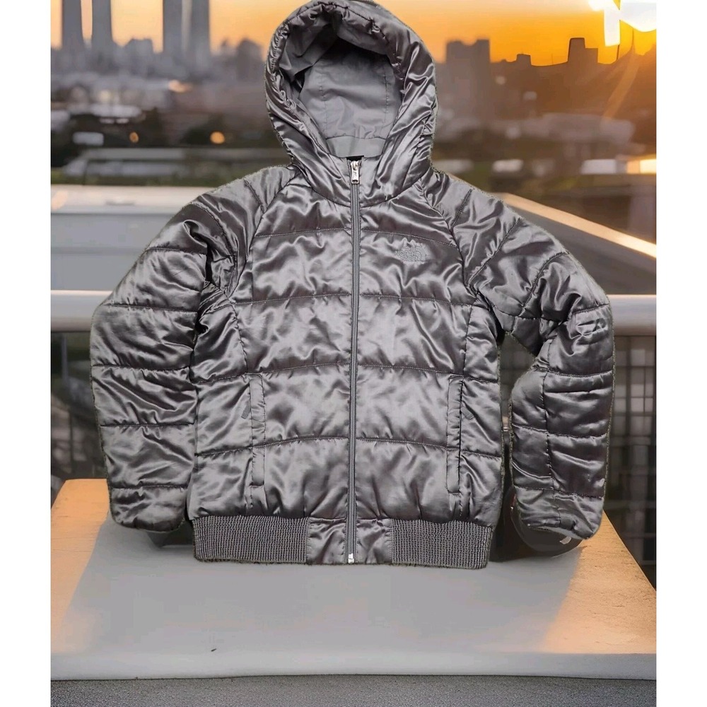 The North Face Puffer Jacket Girls Large 14/16 Silver Good Hooded Insulated Coat